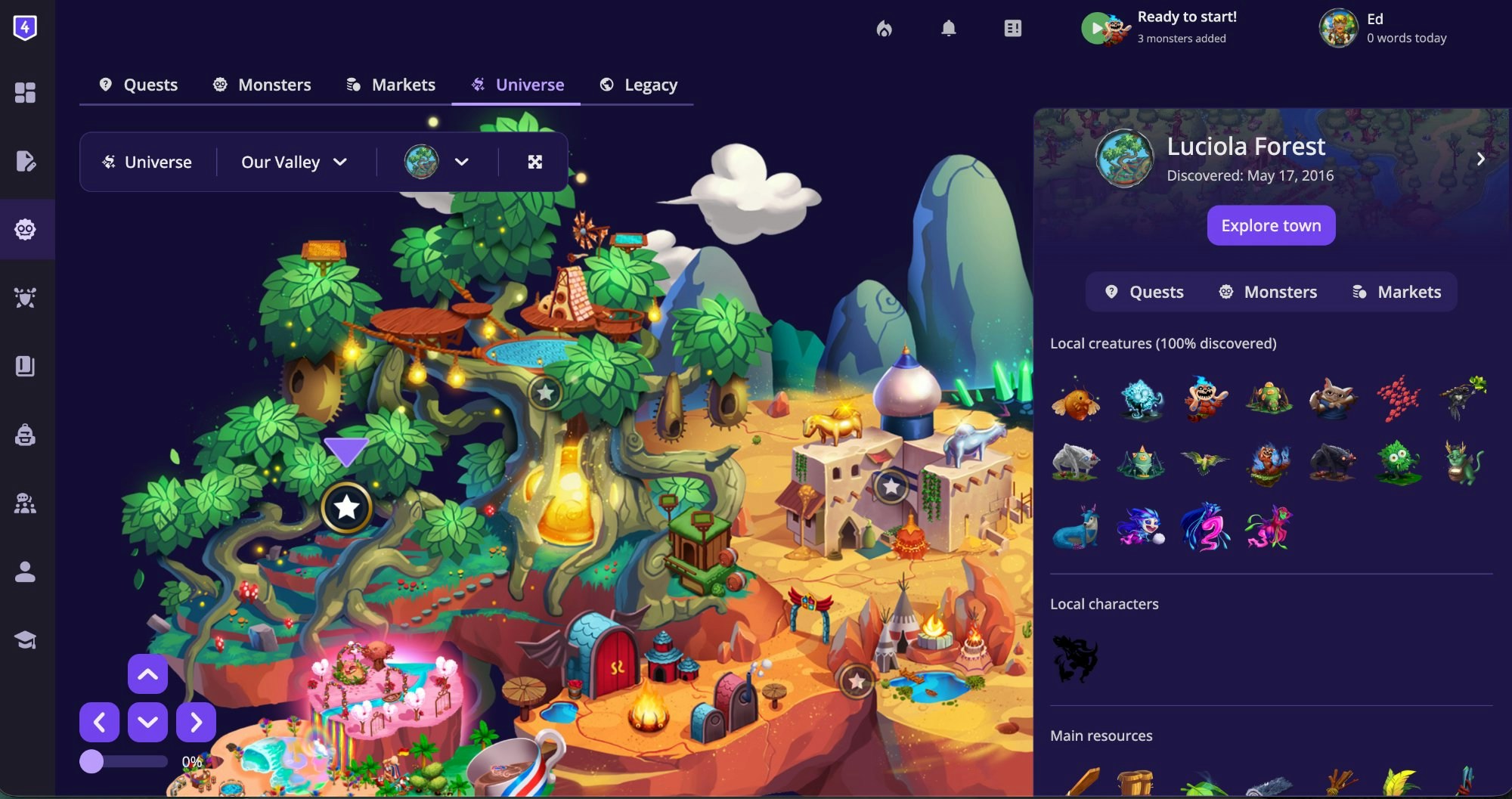 The Universe map with Luciola Forest selected, showing the area sidebar with Explore town button, local creatures, characters, and main resources
