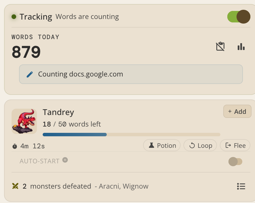 The extension tracking card reading 879 words today from docs.google.com, above an active battle against Tandrey with 18 of 50 words left, 4m 12s on the clock, and the Potion, Loop, and Flee buttons