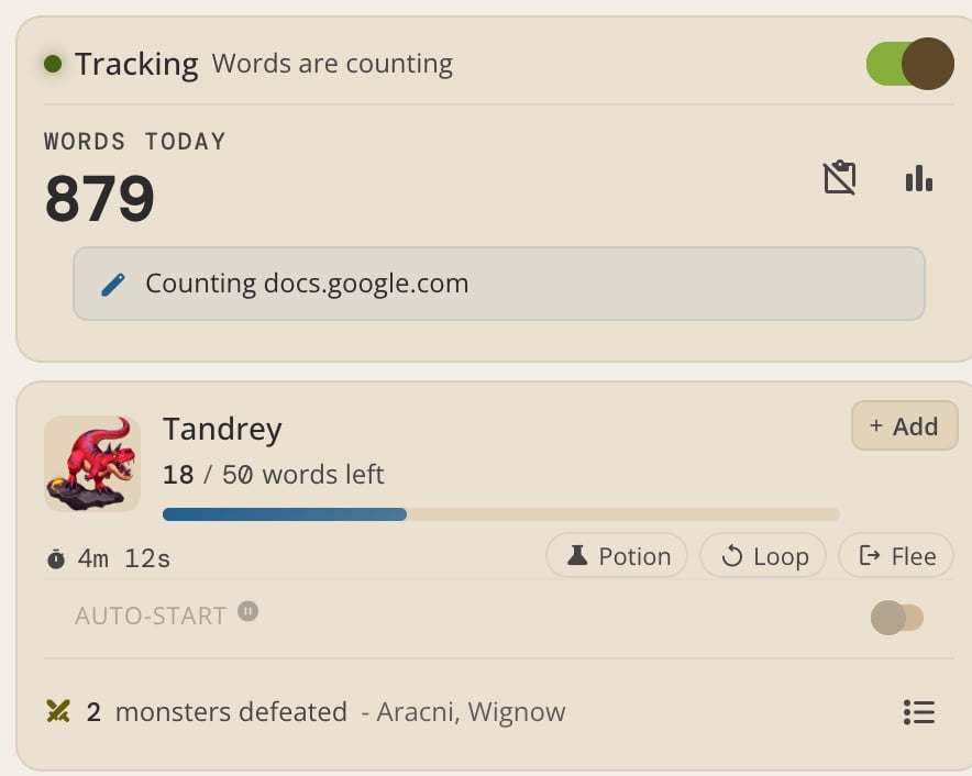 The extension tracking card reading 879 words today from docs.google.com, above an active battle against Tandrey with 18 of 50 words left, 4m 12s on the clock, and the Potion, Loop, and Flee buttons