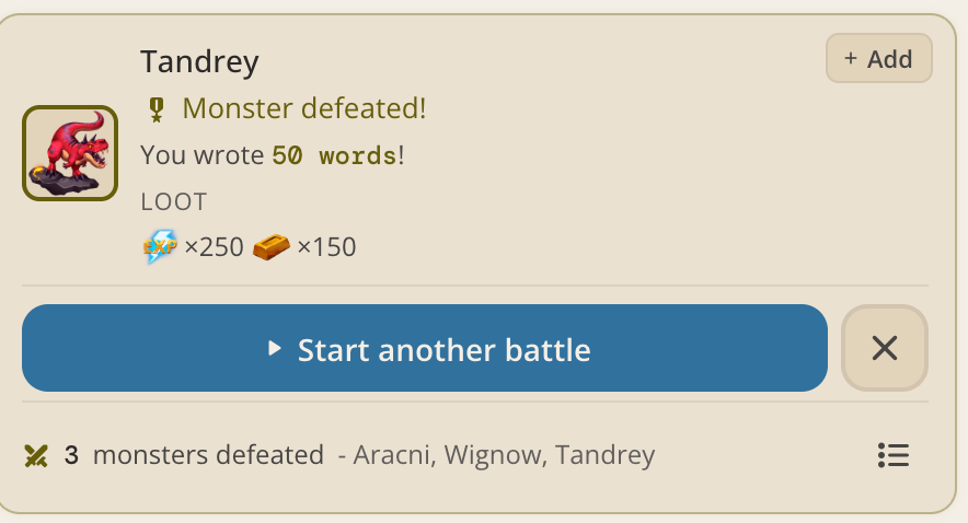 The win card after defeating Tandrey, showing 50 words written, a loot row of 250 EXP and 150 Coins, and a Start another battle button