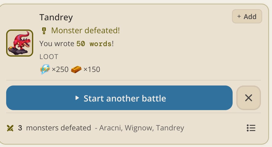 The win card after defeating Tandrey, showing 50 words written, a loot row of 250 EXP and 150 Coins, and a Start another battle button