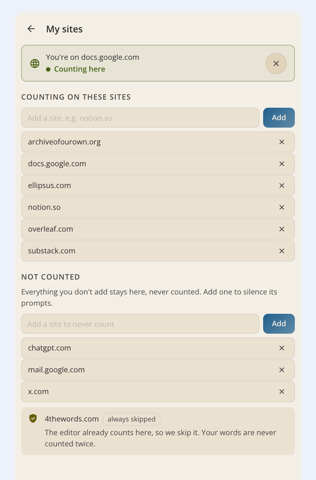 The My sites view showing the current site as counting, a Counting on these sites list with six writing sites, a Not counted list, and a note that 4thewords.com is always skipped