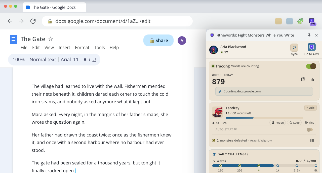 The 4thewords side panel open beside a Google Doc, showing tracking switched on, 879 words counted today from docs.google.com, an active battle against Tandrey with 18 of 50 words left, and the Daily Challenges progress bar