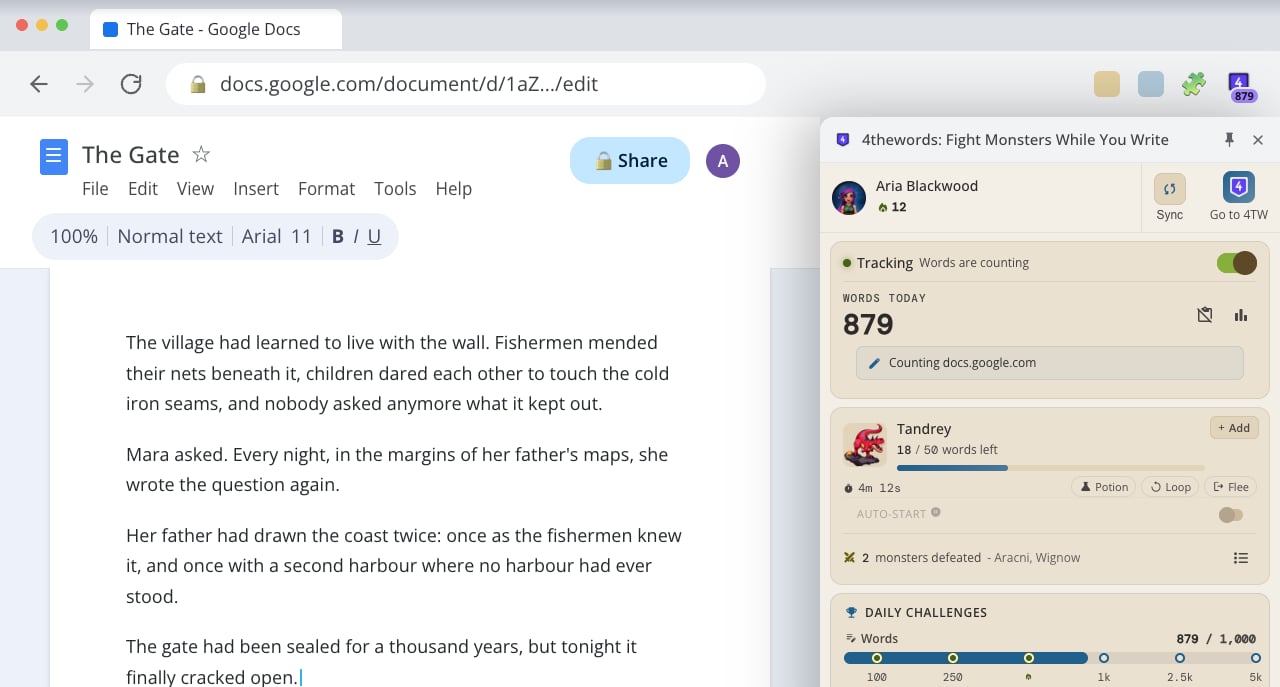 The 4thewords side panel open beside a Google Doc, showing tracking switched on, 879 words counted today from docs.google.com, an active battle against Tandrey with 18 of 50 words left, and the Daily Challenges progress bar