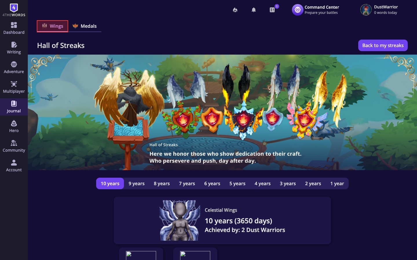 Hall of Streaks leaderboard showing the Wings tab with Dust Warriors grouped by year bracket