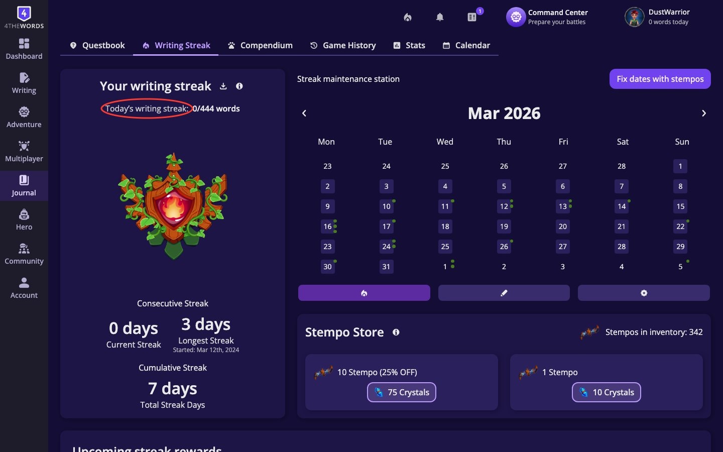 The Writing Streak page showing today's word count progress, calendar, and streak stats