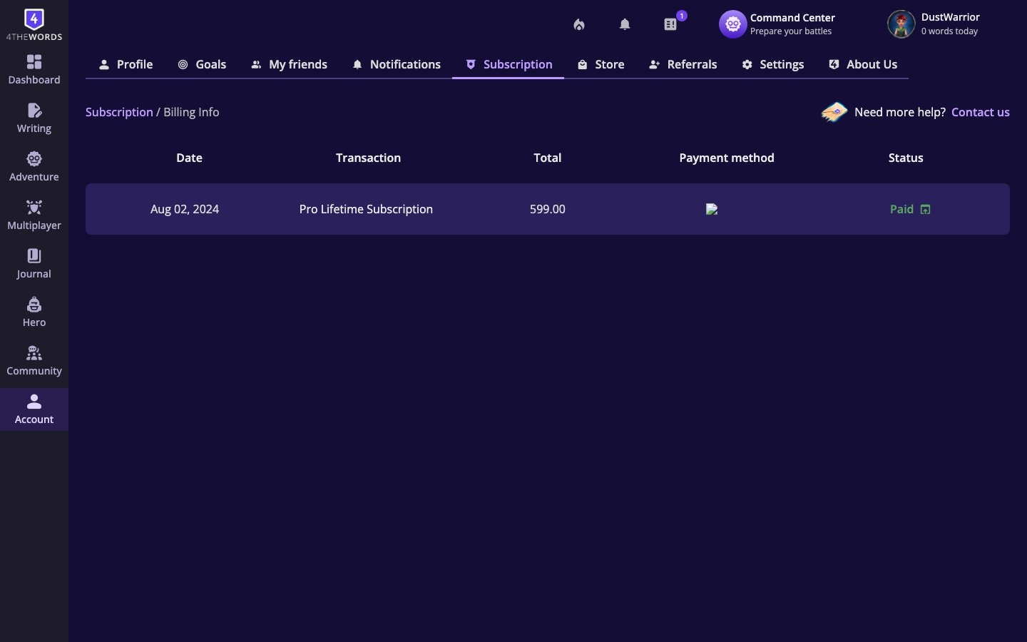 The Billing History page showing the transaction table with Date, Transaction, Total, Payment method, and Status columns
