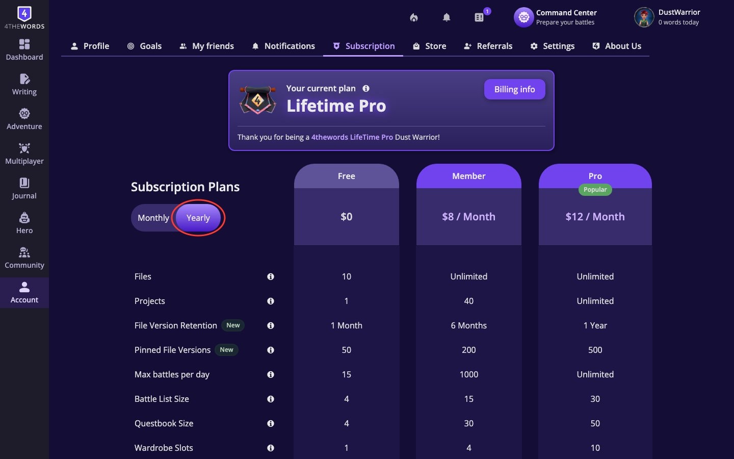 The Subscription Plans page showing the plan comparison table with Free, Member, Pro, and Lifetime Pro tiers