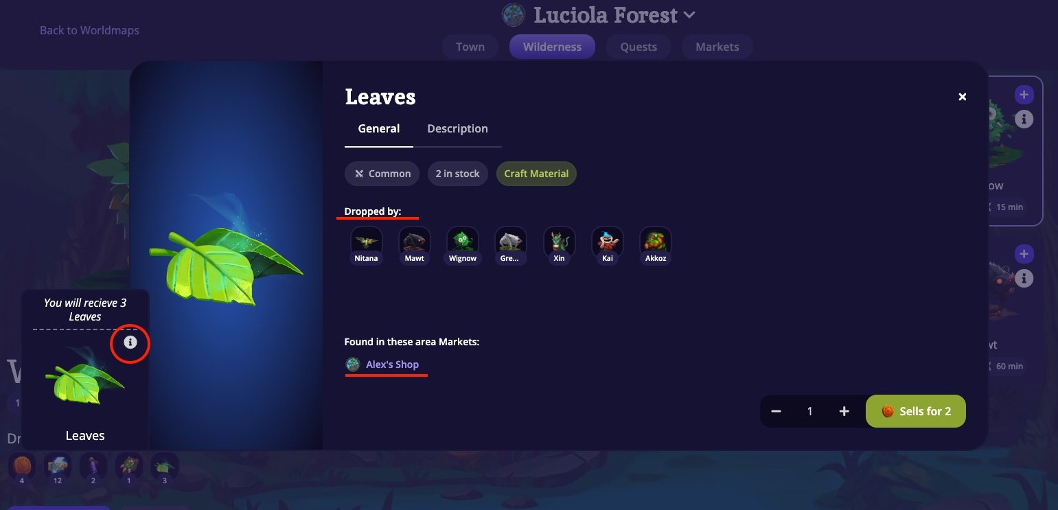 Item info window for Leaves showing rarity, stock count, Dropped by list of monsters, and Found in these area Markets with a Sells for price
