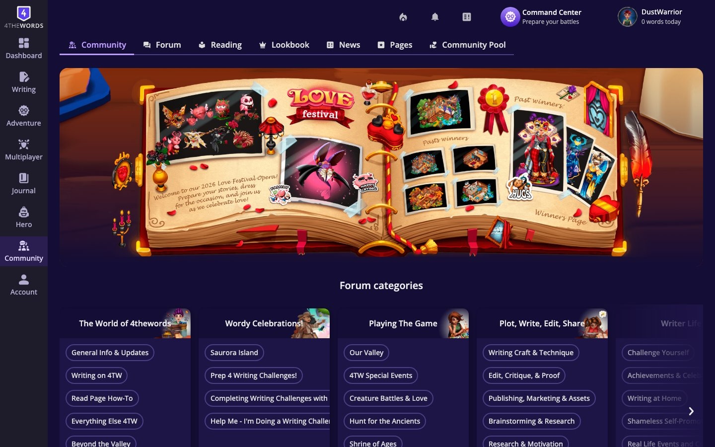 The Community Hub showing the main tabs: Forum, Reading, Lookbook, and News