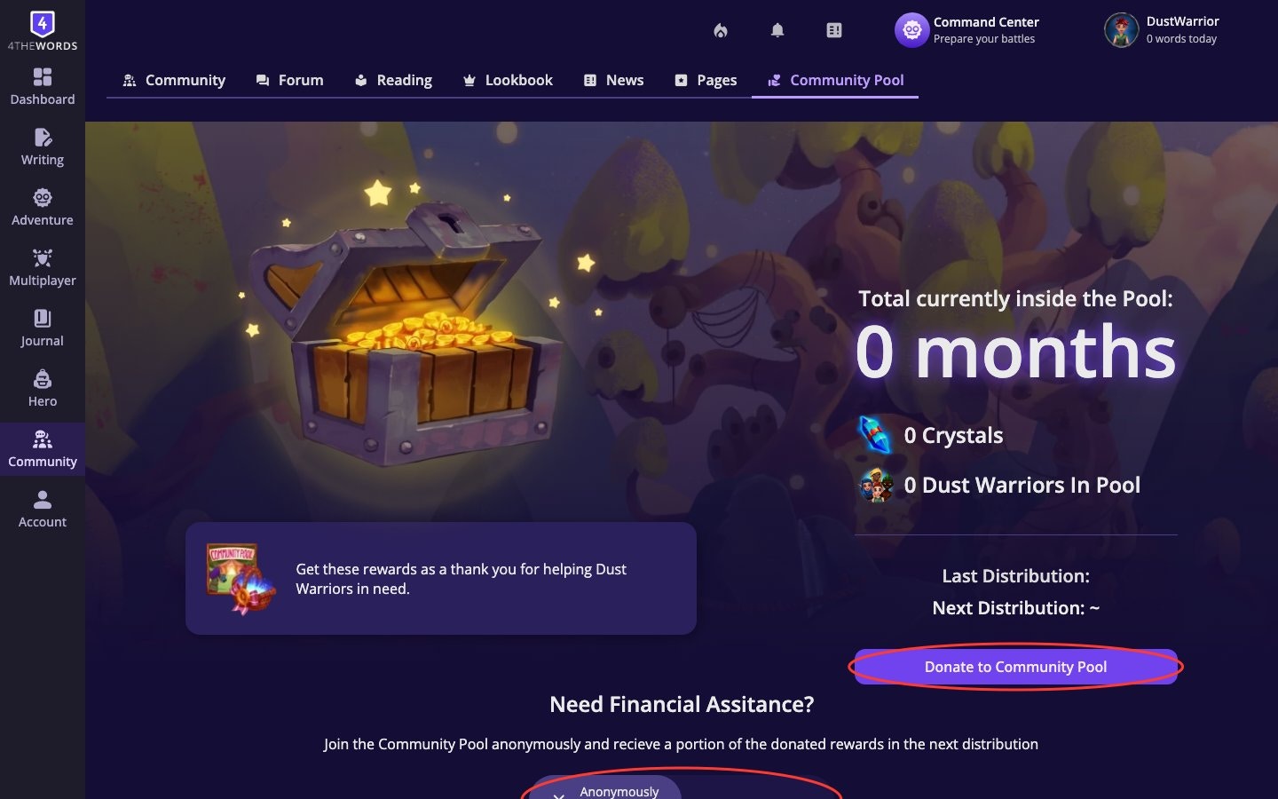 The Community Pool page showing donation total, distribution info, and donate button