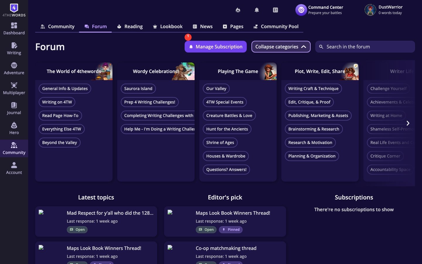 The Forum thread list showing topic headers, recent posts, and activity counts