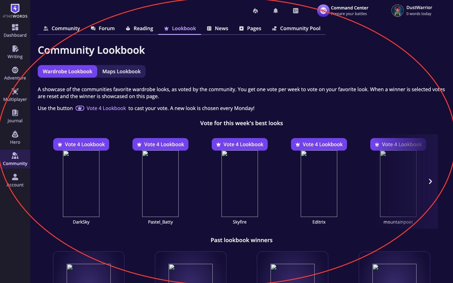 The Lookbook showing character outfit cards with vote buttons
