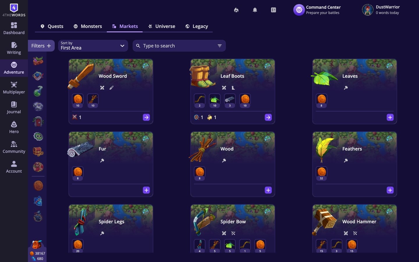 The Markets tab showing item cards with crafting materials, weapons, and gear available for purchase