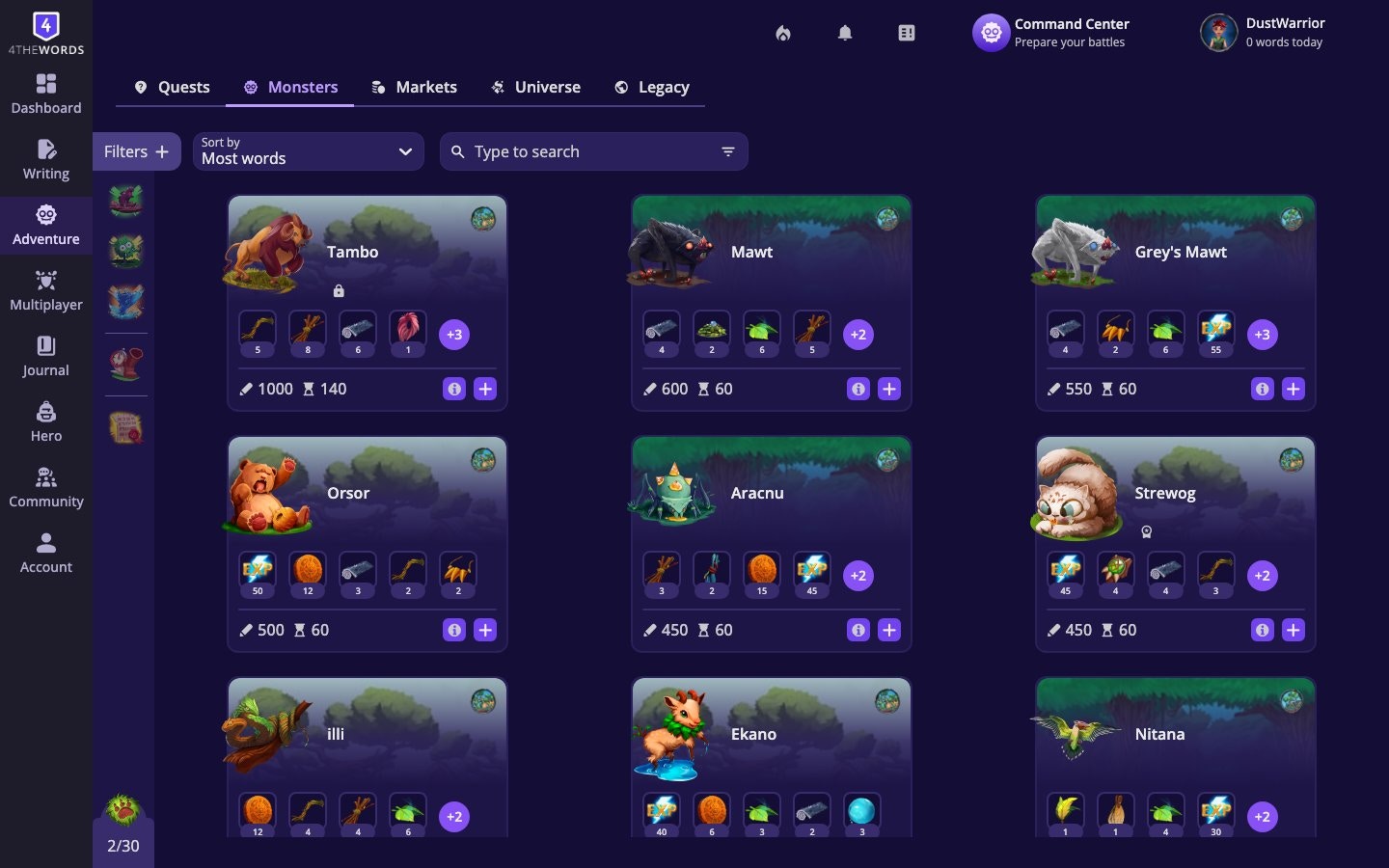 The My Masteries screen showing monster cards with mastery progress