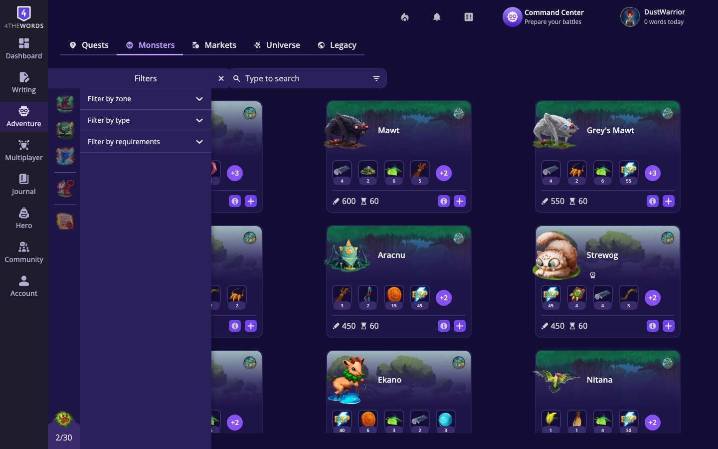 The Monsters filter panel showing filter by zone, type, and requirements options