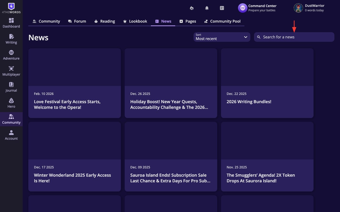 The News section showing recent announcements sorted by date