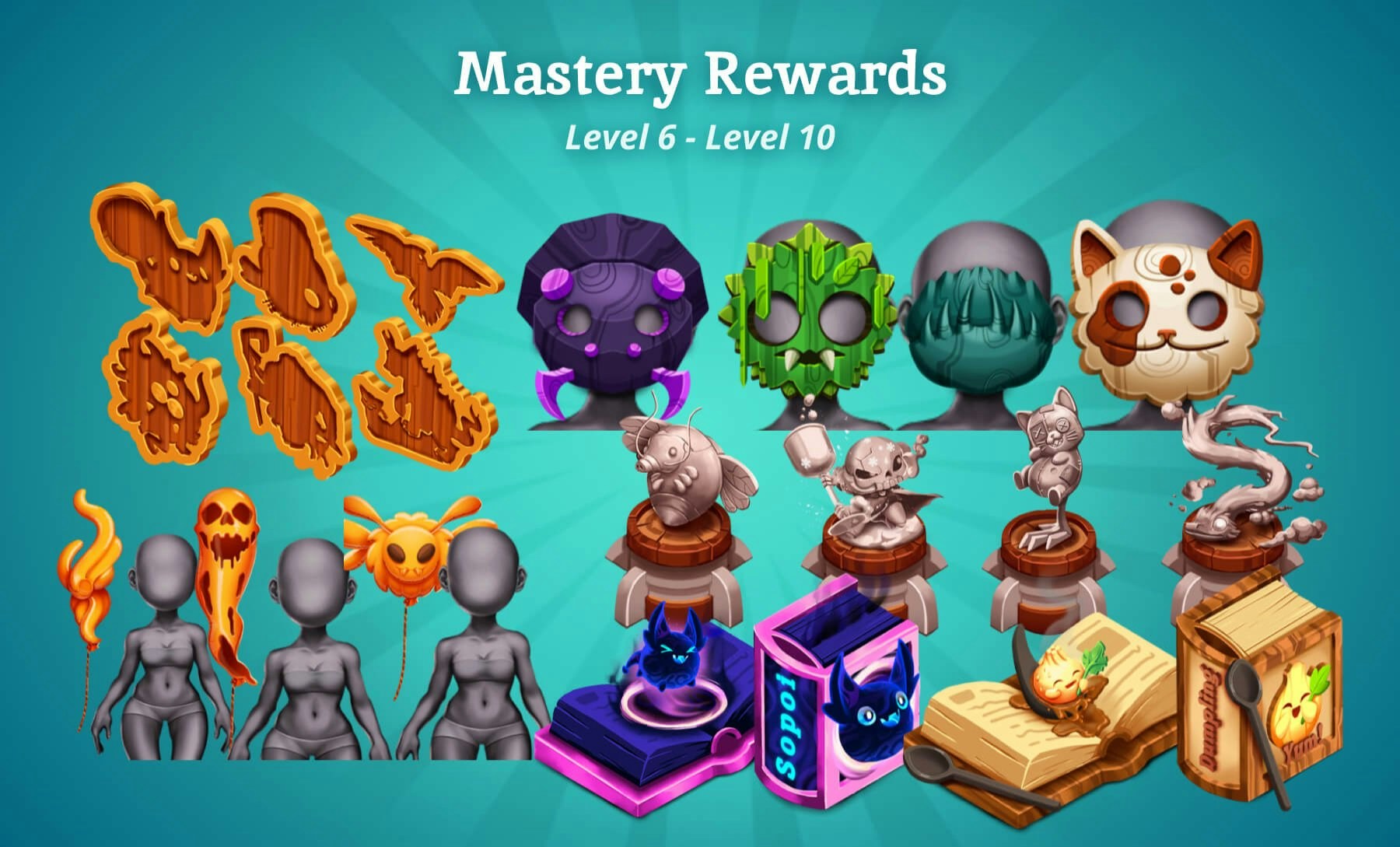 Mastery Rewards Level 6 to Level 10 showing wooden monster badges, monster-head masks, figurine hideout decorations, wardrobe balloons, and recipe books