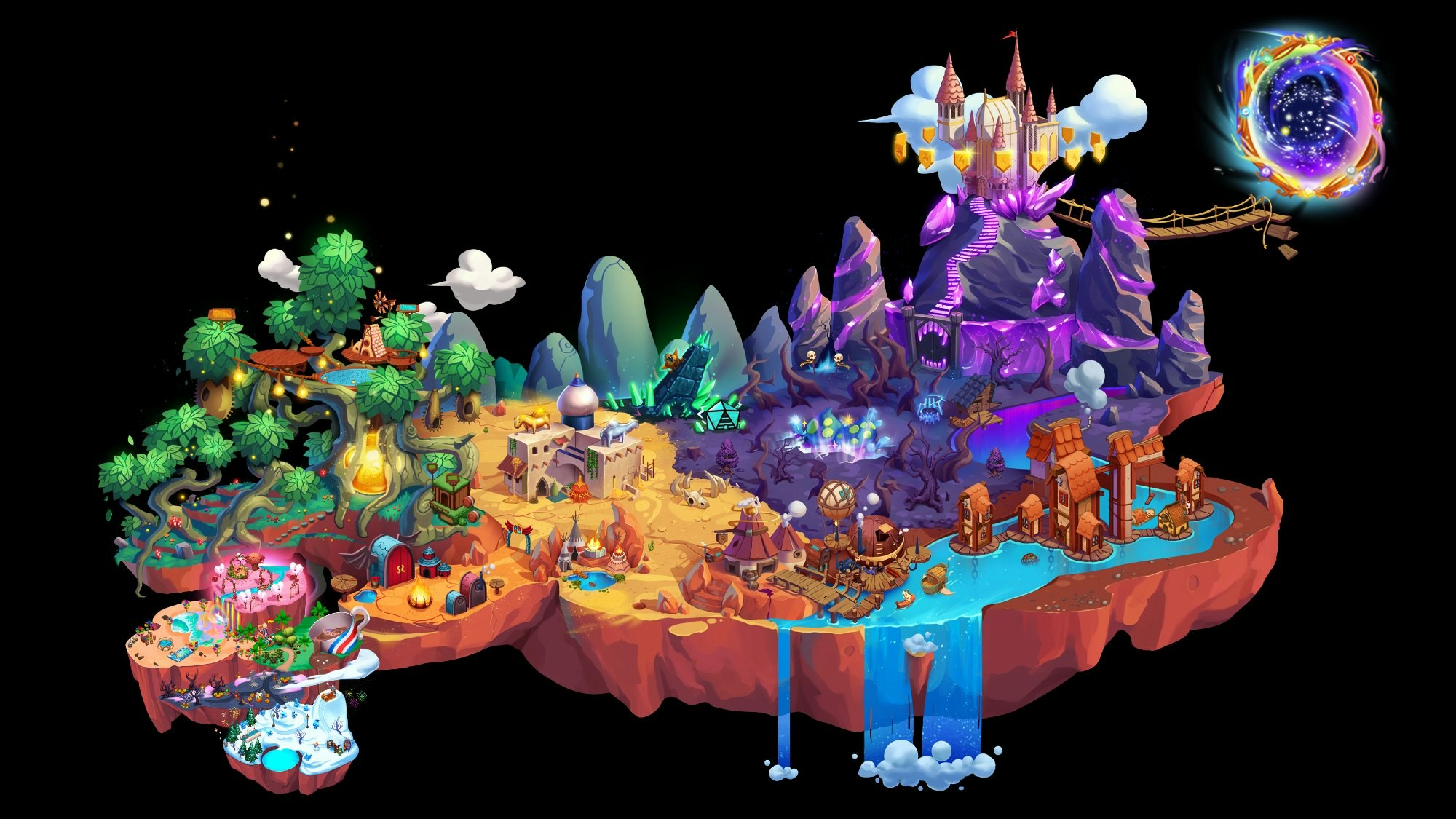 The Our Valley world map: a floating island with forests, deserts, mountains, a crystal castle, and a portal to Aurilis
