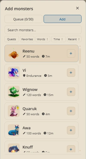 The Add monsters window with the Queue and Add tabs, a search box, filter buttons, and monsters such as Reenu, Vi and Wignow with their word counts and times