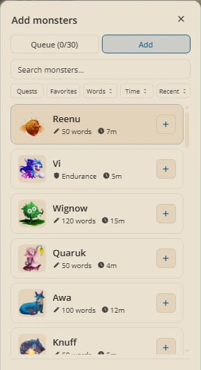 The Add monsters window with the Queue and Add tabs, a search box, filter buttons, and monsters such as Reenu, Vi and Wignow with their word counts and times