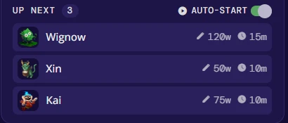 The battle queue showing Up next with three monsters, each with its word count and timer, and the Auto-start switch turned on