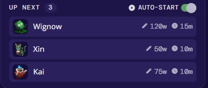 The battle queue showing Up next with three monsters, each with its word count and timer, and the Auto-start switch turned on