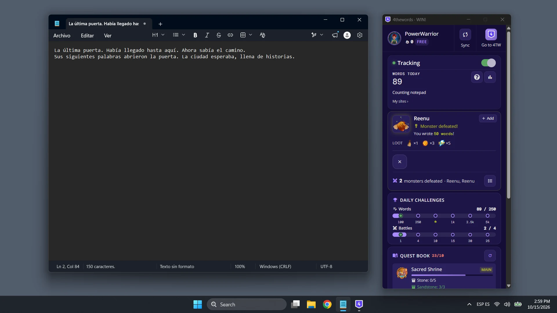 The 4thewords desktop window on Windows after a win, showing Monster defeated with its loot, Words Today counting Notepad, and Daily Challenges