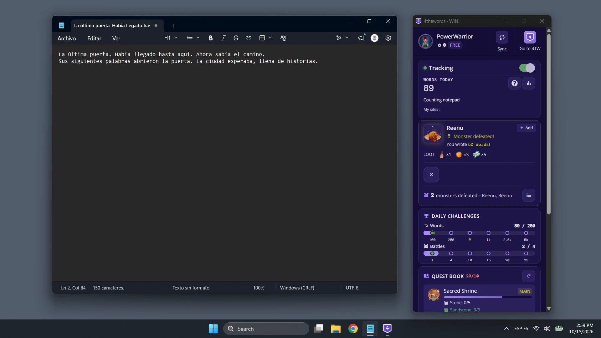 The 4thewords desktop window on Windows after a win, showing Monster defeated with its loot, Words Today counting Notepad, and Daily Challenges