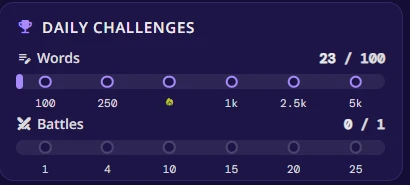 Daily Challenges showing Words at 23 of 100 and Battles at 0 of 1, each with reward steps along a bar