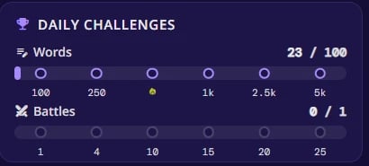 Daily Challenges showing Words at 23 of 100 and Battles at 0 of 1, each with reward steps along a bar