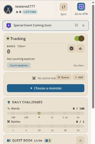 The 4thewords app after signing in, showing the account and Lifetime badge, Tracking with Words Today, a Choose a monster button, and Daily Challenges