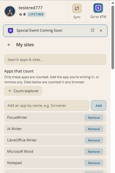 The My sites view with a search box and the Apps that count list: FocusWriter, iA Writer, LibreOffice Writer, Microsoft Word, Notepad, Notepad++ and Obsidian, each with a Remove button