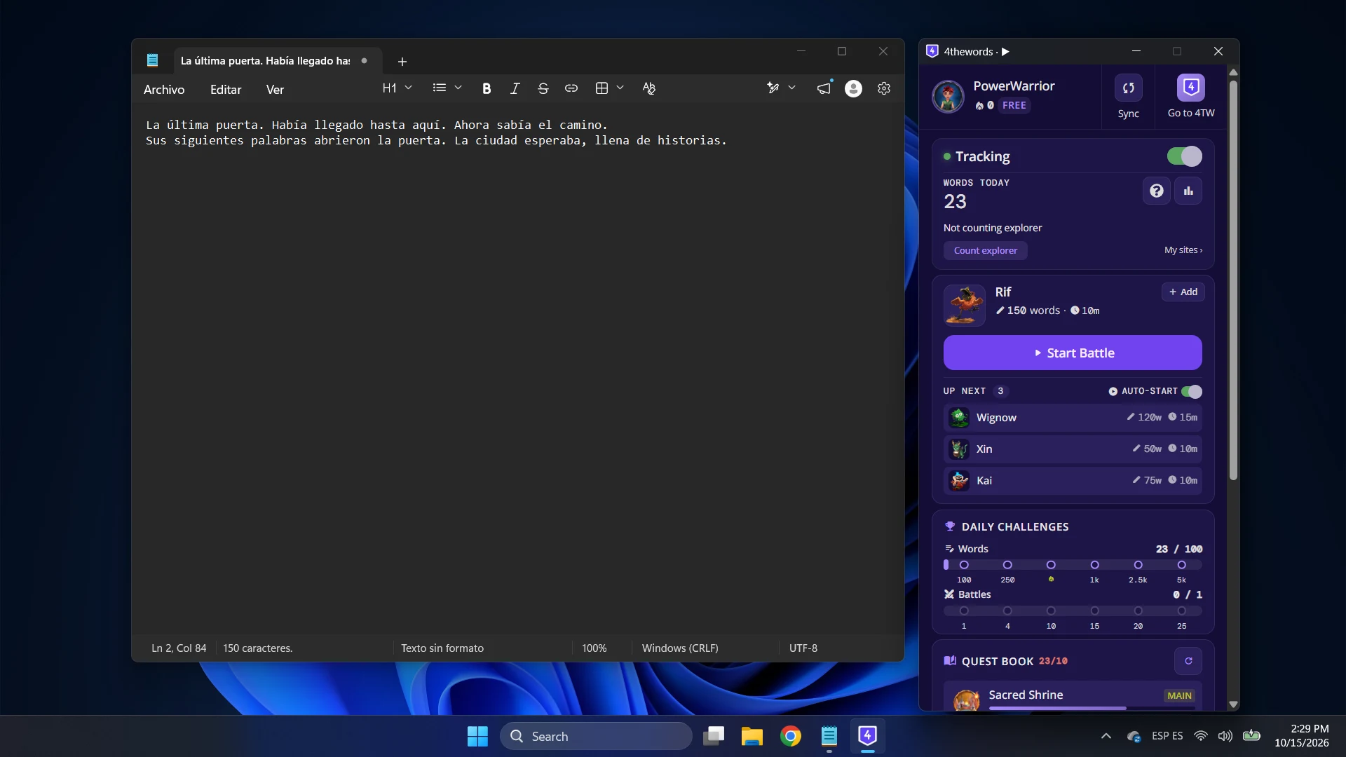 The 4thewords desktop window on Windows beside a Notepad document, showing Words Today, the next monster ready to fight, and Daily Challenges