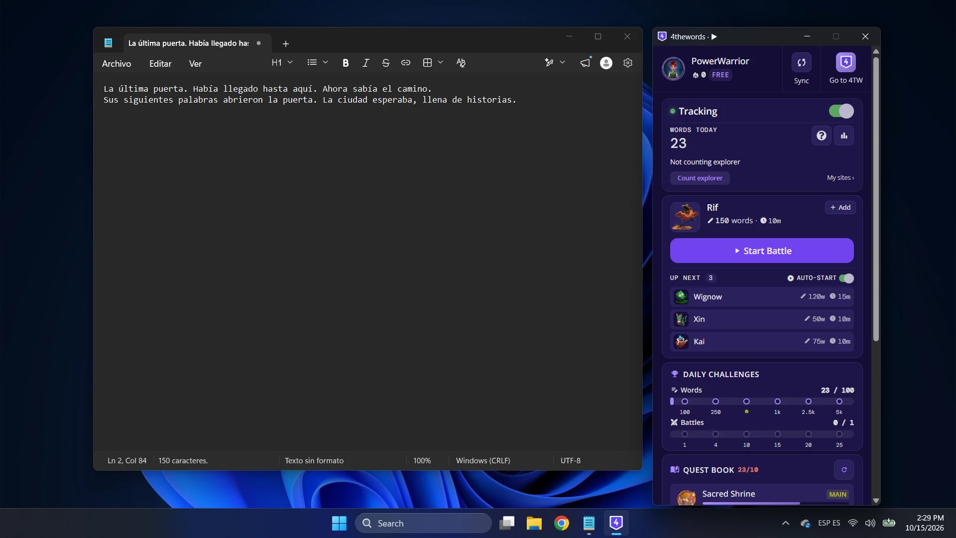 The 4thewords desktop window on Windows beside a Notepad document, showing Words Today, the next monster ready to fight, and Daily Challenges