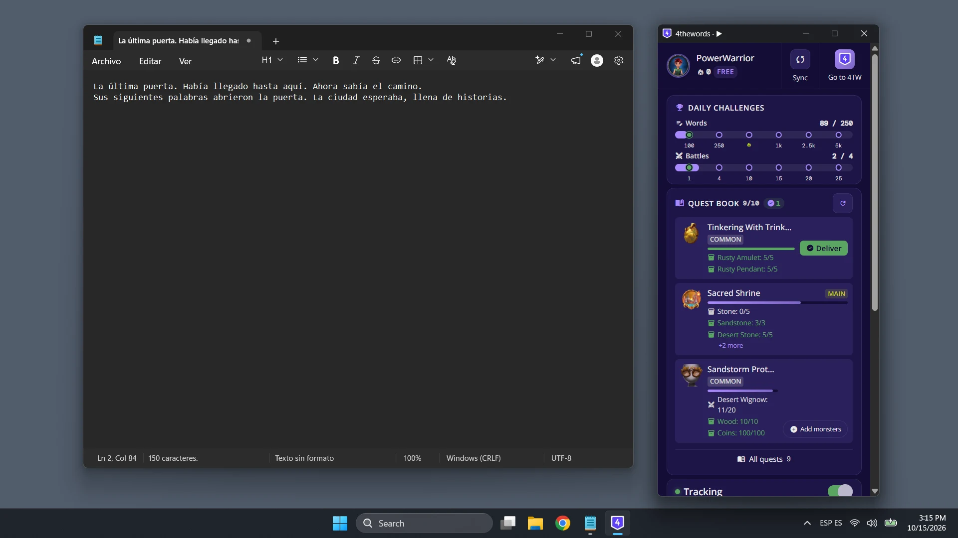 The Questbook in the desktop window, with a finished quest and its green Deliver button above two quests still in progress