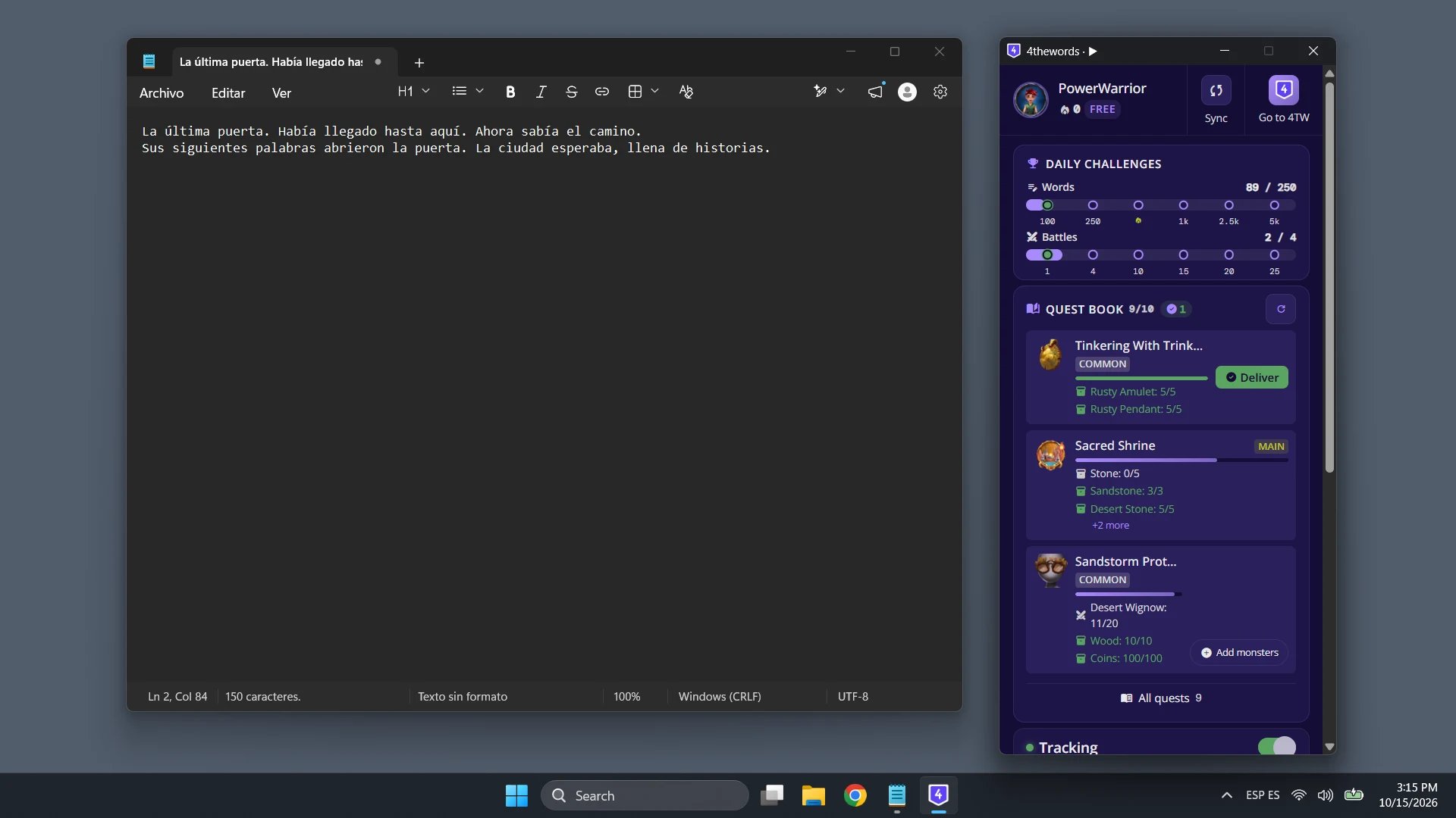 The Questbook in the desktop window, with a finished quest and its green Deliver button above two quests still in progress