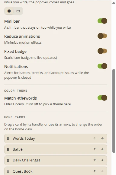 Further down Settings: Mini bar, Reduce animations, Fixed badge, Notifications, Match 4thewords under Color Theme, and the Home cards order