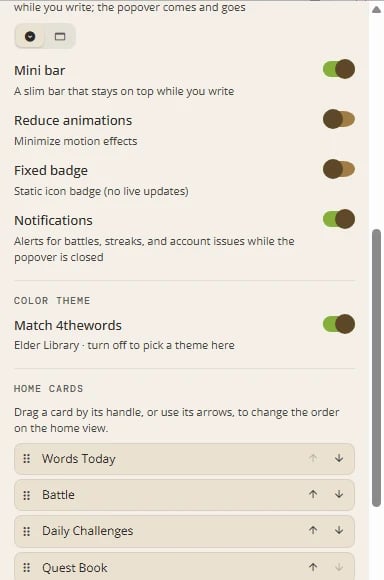 Further down Settings: Mini bar, Reduce animations, Fixed badge, Notifications, Match 4thewords under Color Theme, and the Home cards order