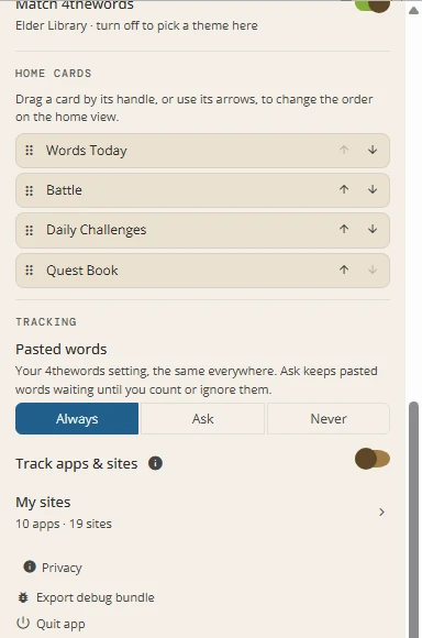 The Tracking section of Settings with Pasted words set to Always, Ask or Never, the Track apps and sites switch, and the My sites link