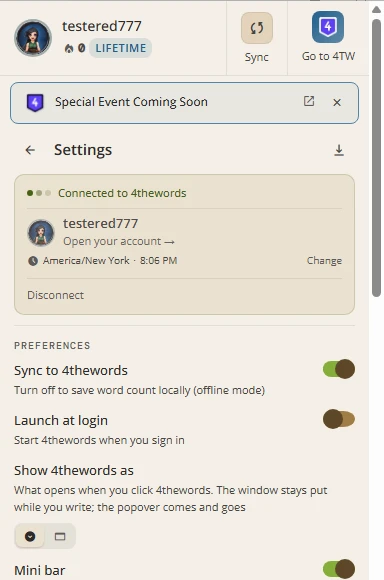 The Settings view when signed in: the connection card with Disconnect, then Sync to 4thewords, Launch at login, Show 4thewords as, Mini bar and Reduce animations