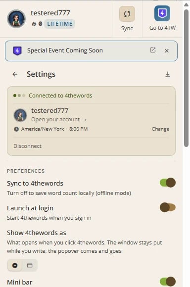 The Settings view when signed in: the connection card with Disconnect, then Sync to 4thewords, Launch at login, Show 4thewords as, Mini bar and Reduce animations