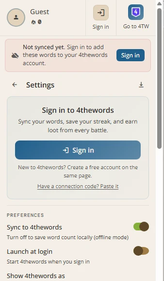 The Settings view before signing in, with a Sign in button and a Have a connection code? Paste it link