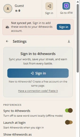 The Settings view before signing in, with a Sign in button and a Have a connection code? Paste it link
