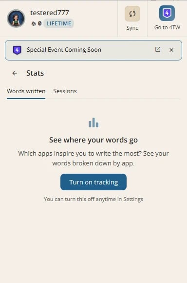 The Stats view before Track apps and sites is on: See where your words go, with a Turn on tracking button