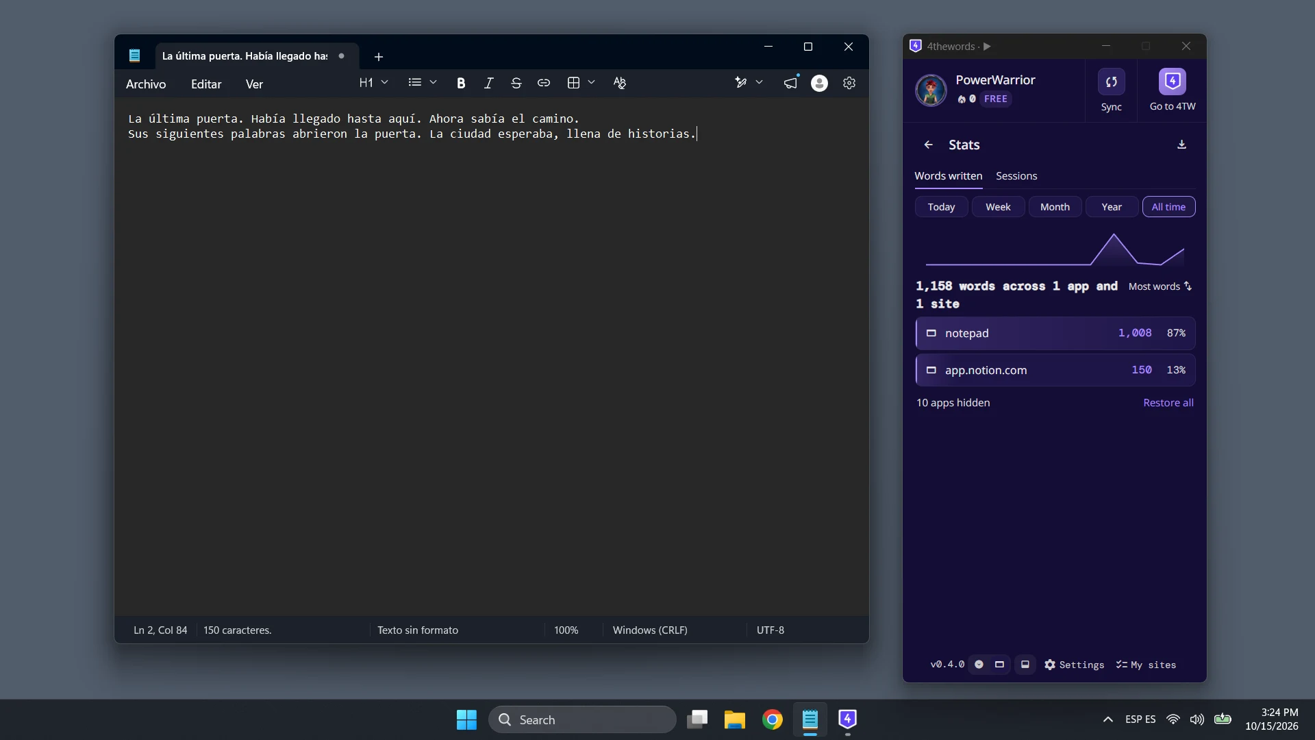 The Stats view on the Words written tab, showing words across one app and one site with each one's share of the total