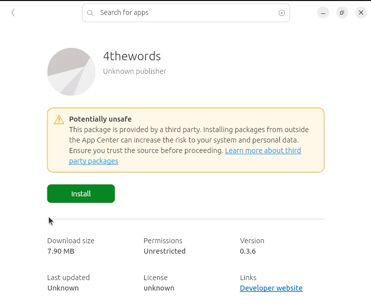 The Ubuntu App Center showing the 4thewords package with its Install button