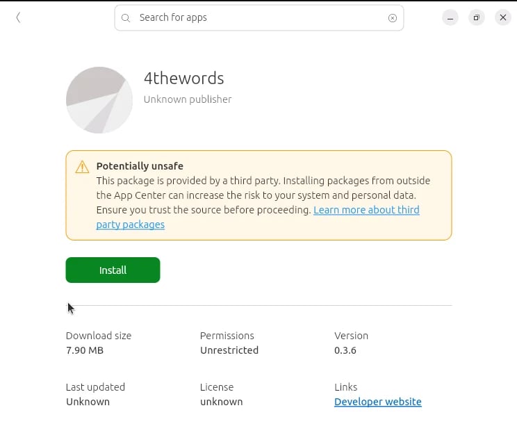 The Ubuntu App Center showing the 4thewords package with its Install button