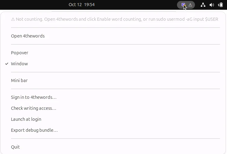 The 4thewords tray menu in the Ubuntu top bar, with Open 4thewords at the top