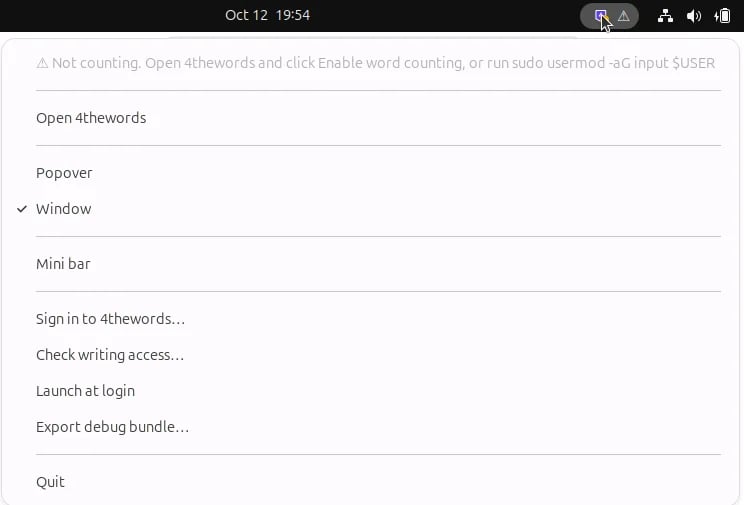 The 4thewords tray menu in the Ubuntu top bar, with Open 4thewords at the top